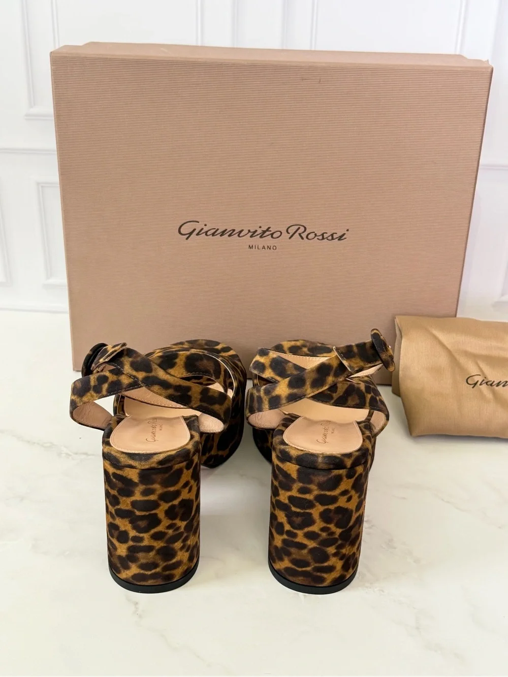 Gianvito Rossi Alma Leopard Print Platform Sandals Ankle Strap Block Heel EU 38